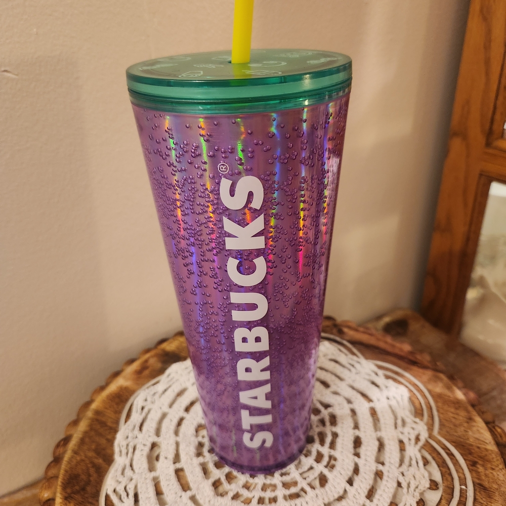 Starbucks Purple Iridescent Reusable Tumbler with Green Lid and Yellow Straw